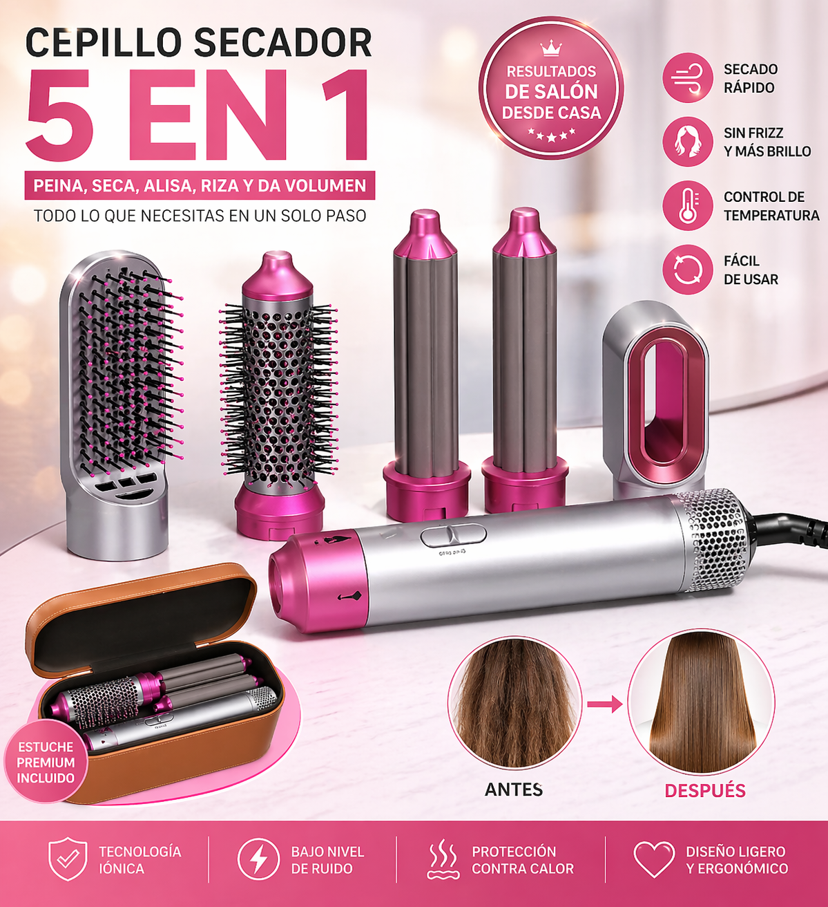Cepillo Alisador 5 En 1 Con Estuche