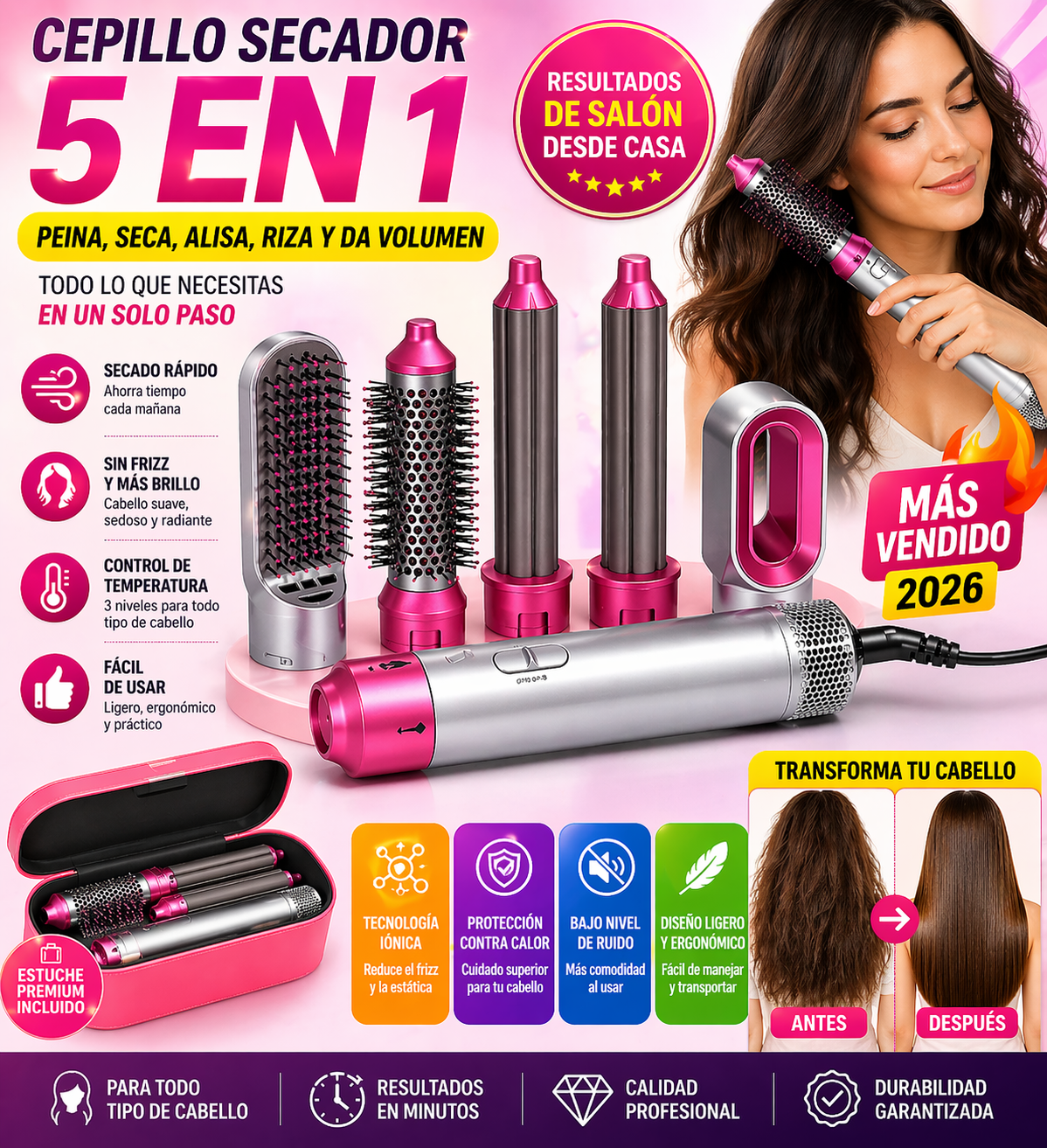 Cepillo Alisador 5 En 1 Con Estuche